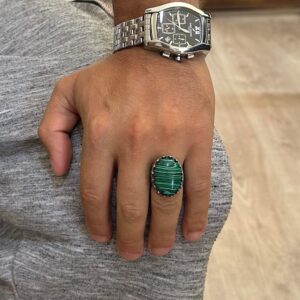 Gerçek Doğal Taş Yüzük - Gül Desenli Yüzük - 925 Ayar Gümüş Yüzük - El Yapımı Büyük Yüzük (Malaşit) - Görsel 3