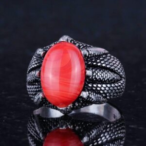 Gerçek Doğal Kırmızı Mercan Taşı ile Yapılmış Gümüş Pençe Yüzük - Görsel 6