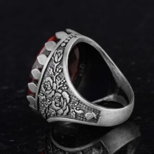 925 Ayar Gümüş Yüzük - Gül Desenli Yüzük - Yapay Taş Yüzük Erkekler İçin - El Yapımı Yüzük (Yapay sultanit) - Görsel 7