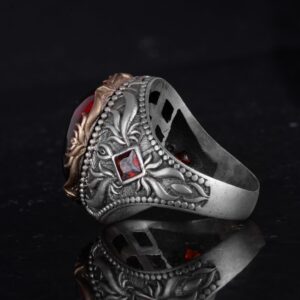 Yapay Taş Yüzük - El Yapımı Erkek Yüzüğü - Şık 925 Ayar Gümüş Erkek Takısı (Yapılmış Cabochon Garnet) - Görsel 6