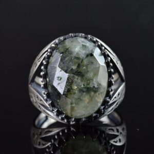 İslami Prehnit Doğal Taş Yüzük, Zülfikar Kılıcı Tasarımı, 925 Ayar Gümüş Erkek Yüzük - Görsel 3