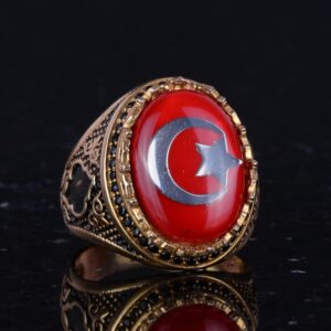 925 Ayar Gümüş Altın Kaplama Erkek Yüzük - Hilal ve Yıldız Tasarımı (Kırmızı) - Görsel 5