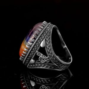 925 Ayar Gümüş Erkek Yüzük, 7 Çakra Doğal Taşı Yüzük, Gökkuşağı Yüzük, Tuğra Yüzük - Görsel 6