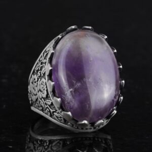 Gerçek Doğal Taş Yüzük - Gül Desenli Yüzük - 925 Ayar Gümüş Yüzük - El Yapımı Büyük Yüzük (Ametist) - Görsel 5