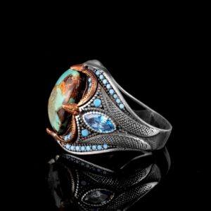 Ateş Mavisi Doğal Arizona Turkuaz Taş Yüzük, 925 Ayar Gümüş Yüzük Erkekler İçin - Görsel 6