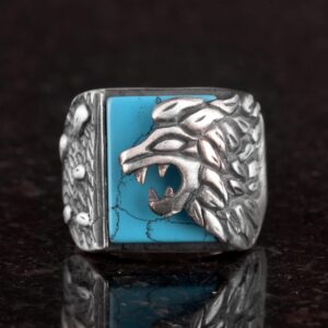 925 Ayar Gümüş Yüzük, Aslan Yüzüğü, Turkuaz Taşı, 925 Ayar Gümüş Aslan Yüzüğü Oluşturulmuş Turkuaz Taşı ile - Görsel 2