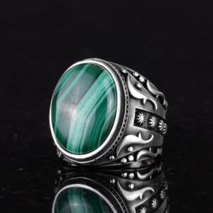 Doğal Malakit Taşlı Yüzük, 925 Ayar Sıkı Gümüş Erkek Yüzüğü - Görsel 6