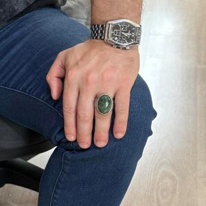 Gerçek Doğal Yeşim Taşı Yüzük, El Yapımı 925K Sert Gümüş Erkek Yüzüğü, Büyük Yüzük, Sanatsal Tasarım - Görsel 2