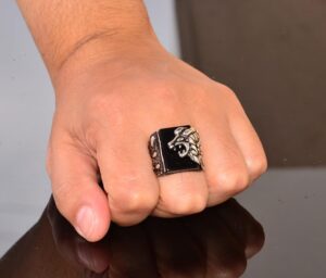Doğal Obsidyen Taşlı Aslan Başlı Yüzük - Gümüş Erkek Yüzüğü - Görsel 7