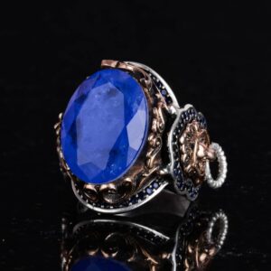 Aslan Sembol Yüzük, Lacivert Paraiba Yapay Taş Yüzük, 925 Ayar Gümüş Yüzük, Şık El Yapımı Gümüş Erkek Yüzüğü - Görsel 5