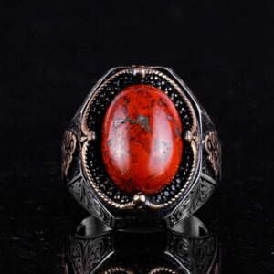 Doğal Kırmızı Kan Taşı Yüzük - 925 Ayar Katı Gümüş Yüzük Erkekler İçin - Görsel 4