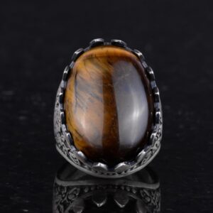 Gerçek Doğal Taş Yüzük - Gül Desenli Yüzük - 925 Ayar Gümüş Yüzük - El Yapımı Büyük Yüzük (Kaplan Göz) - Görsel 4