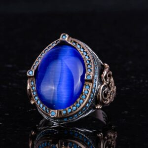 925 Ayar Gümüş Erkek Yüzük, Oluşturulmuş Mavi Kedi Göz Taşı, El Yapımı Vintage Tasarım İfadeli Yüzük - Görsel 6