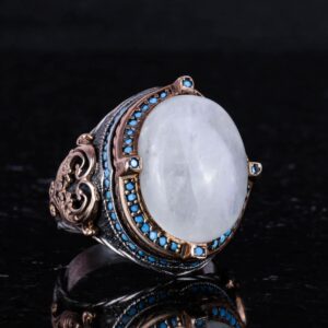 925 Ayar Gümüş Yüzük ile Doğal Ay Taşı, El Yapımı Erkek Yüzük, Vintage Tasarım - Görsel 5