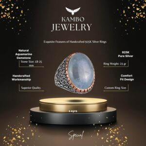 Doğal Akuamarin Taşlı Yüzük, Sultan Yüzük, Huzurlu 925 Ayar Sterling Gümüş Erkek Yüzüğü - Görsel 2