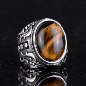El Yapımı Kaplan Göz Taşı Yüzük, 925 Ayar Sert Gümüş Erkek Yüzüğü, Cesur Tasarım - Görsel 3