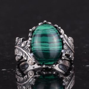 Gerçek Doğal Malakit Taşlı Vintage Boho Tasarımlı Gümüş Kadın Yüzük - Görsel 4