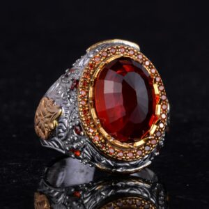 Yapay Taş Yüzük - Sultan Yüzüğü - 925 Ayar Gümüş Yüzük Erkekler İçin - El Yapımı Kral Yüzüğü (Yapay Garnet) - Görsel 5
