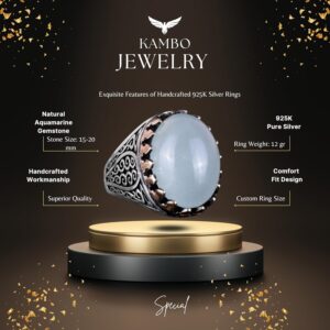 925 Ayar Katı Gümüş Erkek Yüzük - Doğal Taşlarla El Yapımı Şıklık (Cabochon Akuamarin Taşı) - Görsel 5