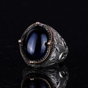 925 Ayar Gümüş Yüzükler Premium Üretilmiş Taşlarla (Koyu Mavi Kedi Gözlü Üretilmiş Taş) - Görsel 4