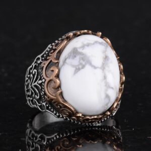 Gerçek Doğal Taş El Yapımı Yüzük - 925 Ayar Gümüş El Yapımı Yüzük - Şık Farklı Yüzük (Howlite) - Görsel 5