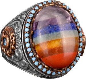 Doğal Gümüş Erkek Yüzük, Gökkuşağı Taşlı Yüzük, Çok Renkli Yüzük, 925 Ayar Gümüş Erkek Yüzük - Görsel 1