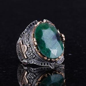 İslami Gümüş Yüzük, Doğal Zümrüt Taşlı Yüzük, 925 Ayar Tam Gümüş Erkek Yüzüğü - Görsel 3