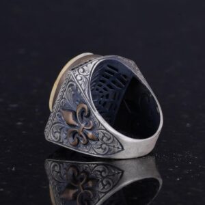 925 Ayar Gümüş Erkek Büyük Yüzük - Gerçek Doğal Amber Taşı - Zulfiqar Kılıcı Sembolü ile Gümüş Yüzük - Görsel 7