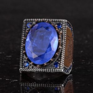 925 Ayar Gümüş İslami Yüzük, Yapay Taş Yüzük, El Yapımı Hat Yazısı Yüzük (Yapay Lacivert Paraiba) - Görsel 6