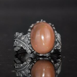 El Yapımı 925 Ayar Gümüş Erkek Yüzük Doğal Opal Taşı - Yaprak Desenli İfadeli Yüzük - Görsel 6