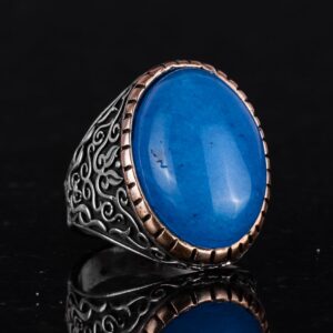 Doğal Mavi Akik Taşı Yüzük, %925 Katı Gümüş Yüzük Erkekler İçin, Büyük Yüzük, Tasarım Gümüş Erkek Yüzüğü - Görsel 6