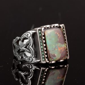 Dikdörtgen Gümüş Yüzük, 925 Doğal Arizona Turkuaz Taşlı Yüzük - Görsel 3