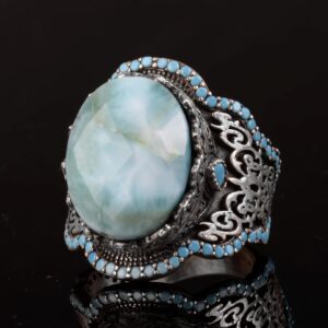 El Yapımı 925 Ayar Gümüş Erkek Yüzük Doğal Larimar Taşı ile - Zarif Tasarım - Görsel 3