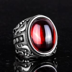 Üretilmiş Taş Yüzük, 925 Ayar Gümüş Yüzük, Tasarım Gümüş Erkek Yüzüğü (Cabochon Üretilmiş Granat Taşı) - Görsel 5