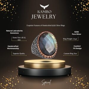 Doğal Labradorit Taşlı Yüzük, 925 Ayar Gümüş Yüzük, Tasarım Gümüş Erkek Yüzüğü - Görsel 2