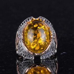 925 Ayar Gümüş Erkek Yüzük, Yapay Bal Amber Taşı Yüzük - Görsel 3