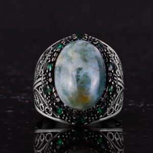 Gerçek Doğal Saman Agat Taş Yüzük - 925 Ayar Gümüş Erkek Takısı - El Yapımı Yüzük - Görsel 4