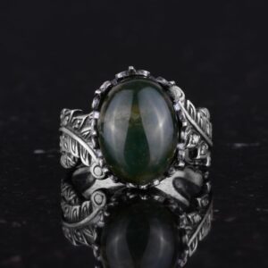 Gerçek Doğal Moss Agat Taşlı Gümüş Bayan Yüzük, Vintage Bohem Tasarım - Görsel 4