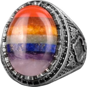 Gümüş Erkek Yüzük, Gökkuşağı 7 farklı Dogal Taş Toplamı Yüzük, Çok Renkli Yüzük - Görsel 1