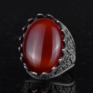 Gerçek Doğal Taş Yüzük - Gül Desenli Yüzük - 925 Ayar Gümüş Yüzük - El Yapımı Büyük Yüzük (Kırmızı Akik) - Görsel 6