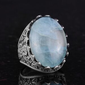 Gerçek Doğal Taş Akuamarin Yüzük - Gül Desenli Yüzük - 925 Ayar Gümüş Yüzük - El Yapımı Büyük Yüzük - Görsel 5