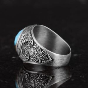 Gerçek Doğal Turkuaz Taşlı, Ayrıntılı Çiçek Tasarımlı Gümüş Erkek Yüzük - Görsel 7