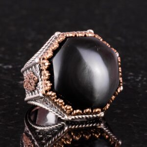 Gerçek Doğal Taş Yüzük - Sekizgen Tasarım - El Yapımı 925 Ayar Gümüş Takı (Obsidyen) - Görsel 5