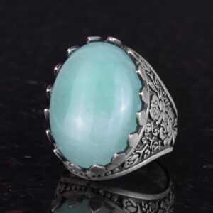 Gerçek Doğal Taş Yüzük - Gül Desenli Yüzük - 925 Ayar Gümüş Yüzük - El Yapımı Büyük Yüzük (Amazonit) - Görsel 5