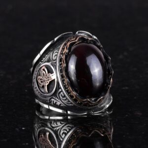 925 Ayar Gümüş Yüzük, Gerçek Doğal Garnet Taşlı Yüzük, Osmanlı Tuğra Yüzüğü - Görsel 4