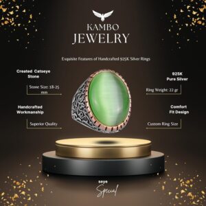 925 Ayar Gümüş Erkek Yüzük, Büyük Yüzük (Açık Yeşil Kedi Gözü Taş) - Görsel 2