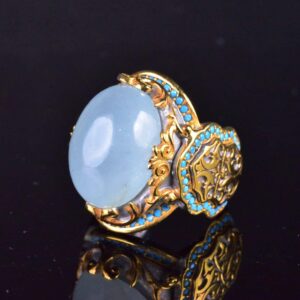 Gerçek Doğal Akuamarin Altın Kaplama Yüzük - 925 Ayar Gümüş El Yapımı Erkek Takısı - Görsel 3