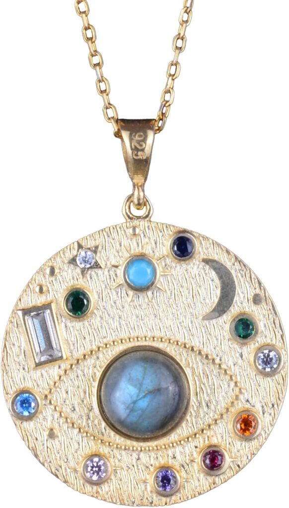 Gerçek Doğal Labradorit Taşlı Kolye - Altın Kaplama Sterlin Gümüş Nazar Boncuğu Kolye - Görsel 1