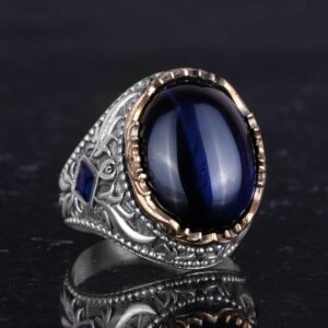Yapay Taş Yüzük - El Yapımı Erkek Yüzüğü - Zarif 925 Ayar Gümüş Erkek Yüzüğü (Yapay Lacivert Kedi Göz) - Görsel 5