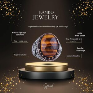 Gerçek Doğal Taş Yüzük - El Yapımı Kartal Yüzük - 925 Ayar Gümüş Yüzük (Kaplan Gözü) - Görsel 2